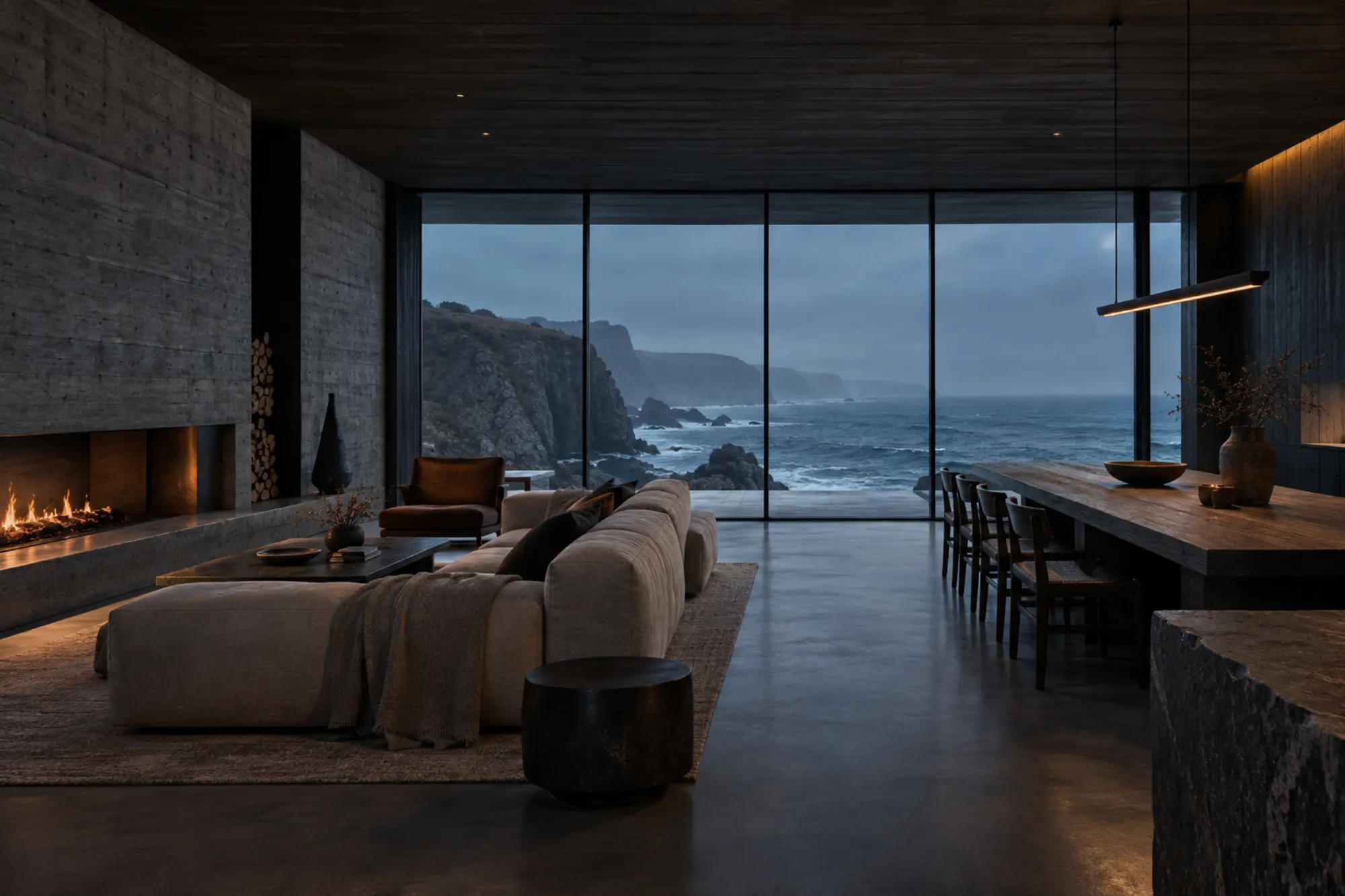 Concept image of Northline's concrete and dark-timber living space facing the North Atlantic at dusk